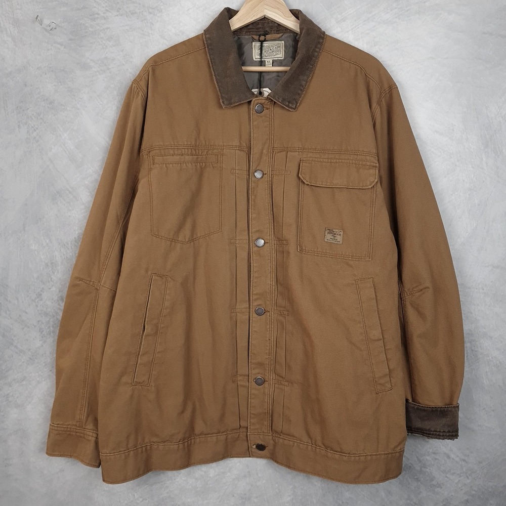 Jeremiah Barn Coat Mens XL Brown Canvas Lined Corduroy Collar Snap Workwear - Picture 2 of 16
